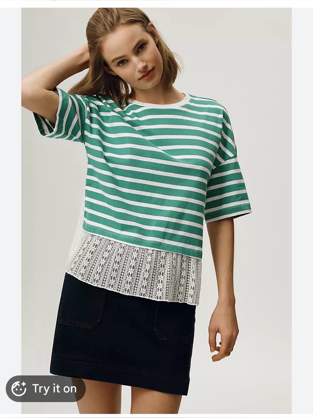 Anthropologie Maeve Striped Green and White Lace-Hem Short Sleeve Top Size M